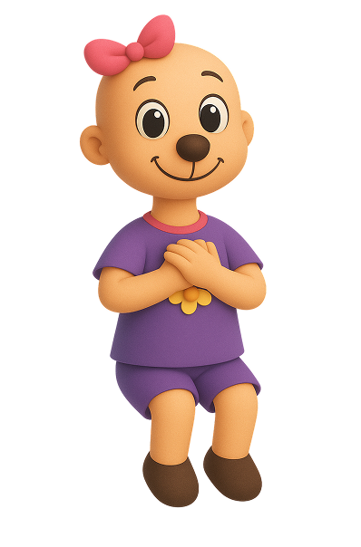 Mascotte Élise qui a les mains repliées sur son cœur et assise